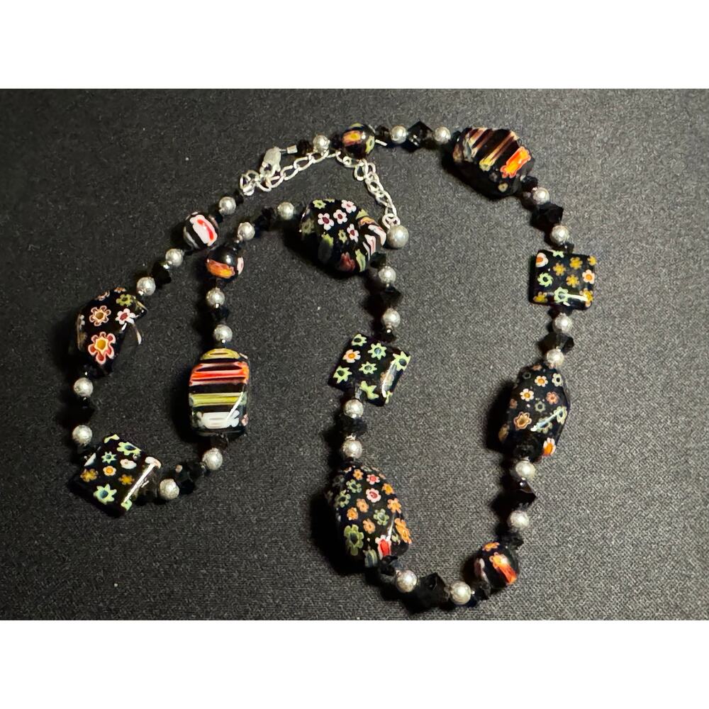 Vintage 925 Millefiori Glass Bead Necklace Murano Glass